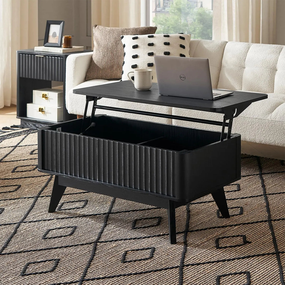 Belmont Collection | Tapered-Leg Atomic-Era Walnut Lift-Top - showcasing form and function in daily use context in a Mid-Century Modern living room setting.