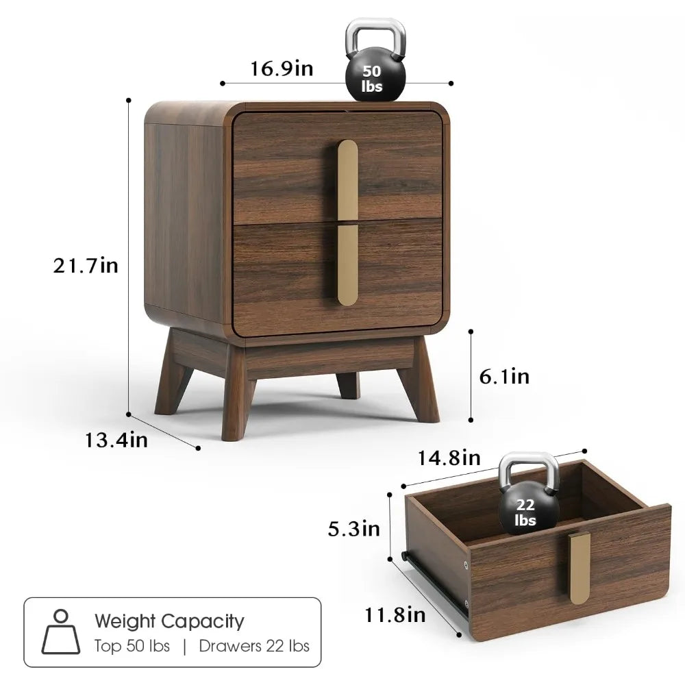 Dresden Collection | Curved Walnut Nightstand - featuring close-up joinery and artisanal finish quality in a Mid-Century Modern bedroom setting.
