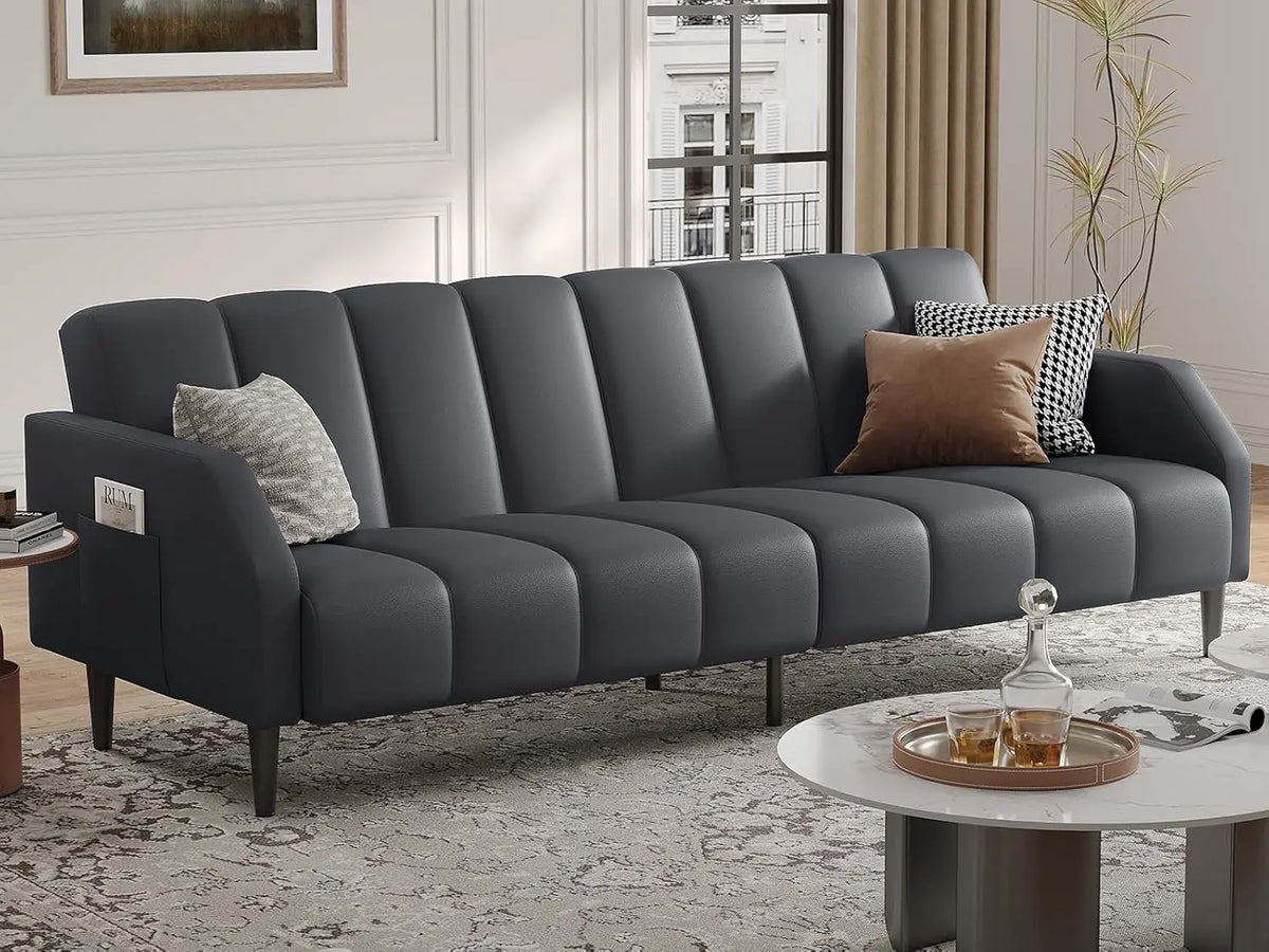 Belmont Collection | Streamlined Leather-Wrapped Convertible in Luxe Faux Leather - showcasing form and function in daily use context in a Mid-Century Modern living room setting.