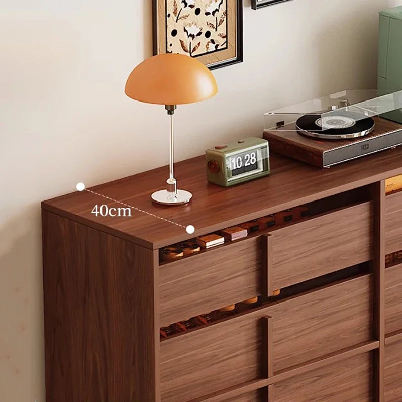 Dresden Collection | Geometric Brass-Accented Walnut Storage Cabinet - presented at scale within a designed interior in a Mid-Century Modern living room setting.