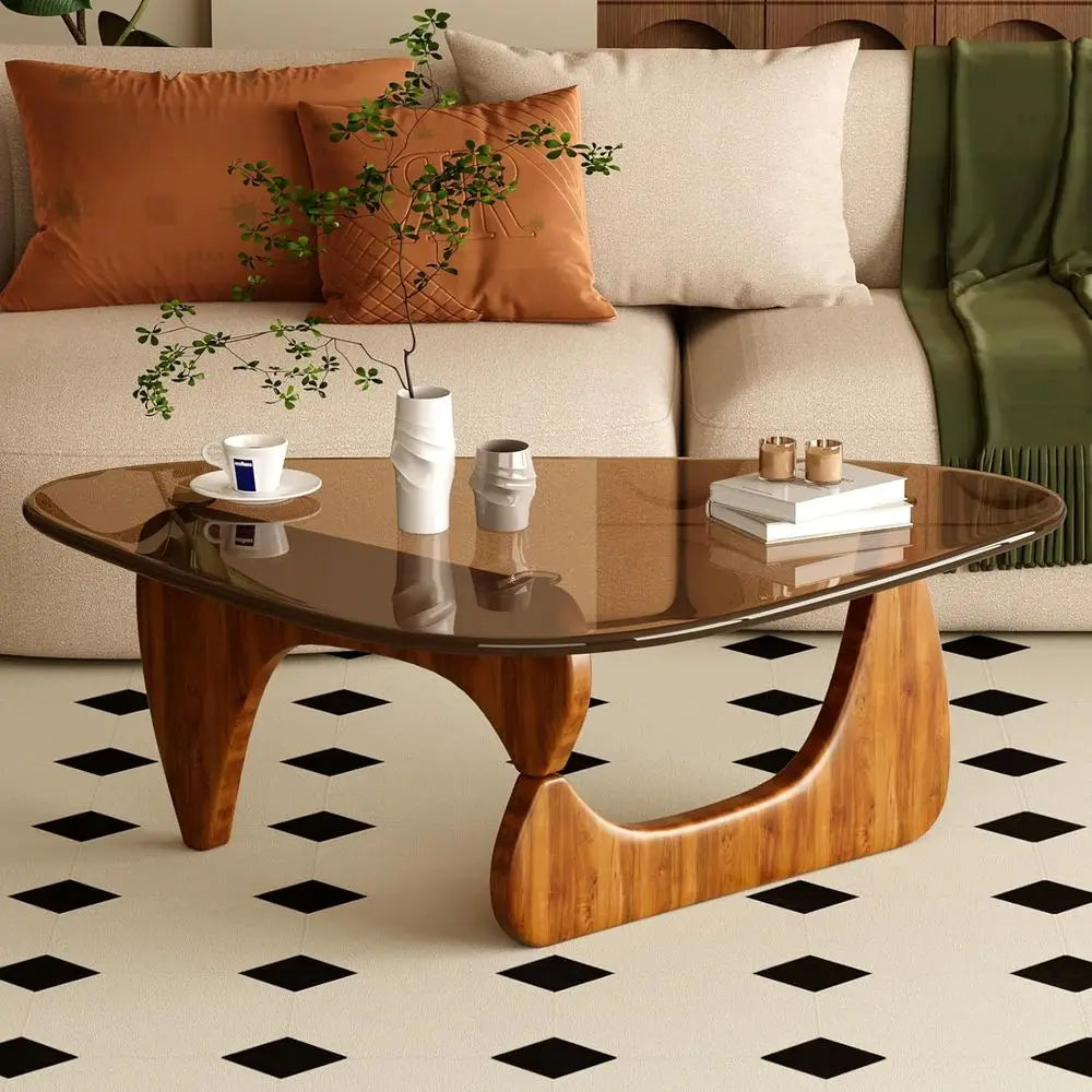Dresden Collection | Tapered-Leg Atomic-Era Walnut Coffee Table - styled from an alternate angle revealing dimensional depth in a Mid-Century Modern living room setting.