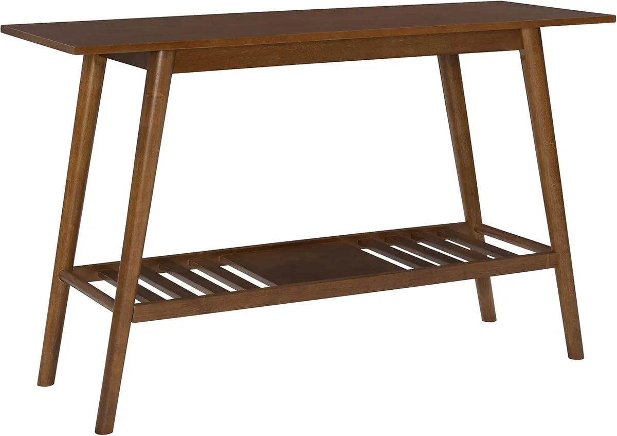 Dresden Collection | Architectural Walnut Console - styled from an alternate angle revealing dimensional depth in a Mid-Century Modern entryway setting.