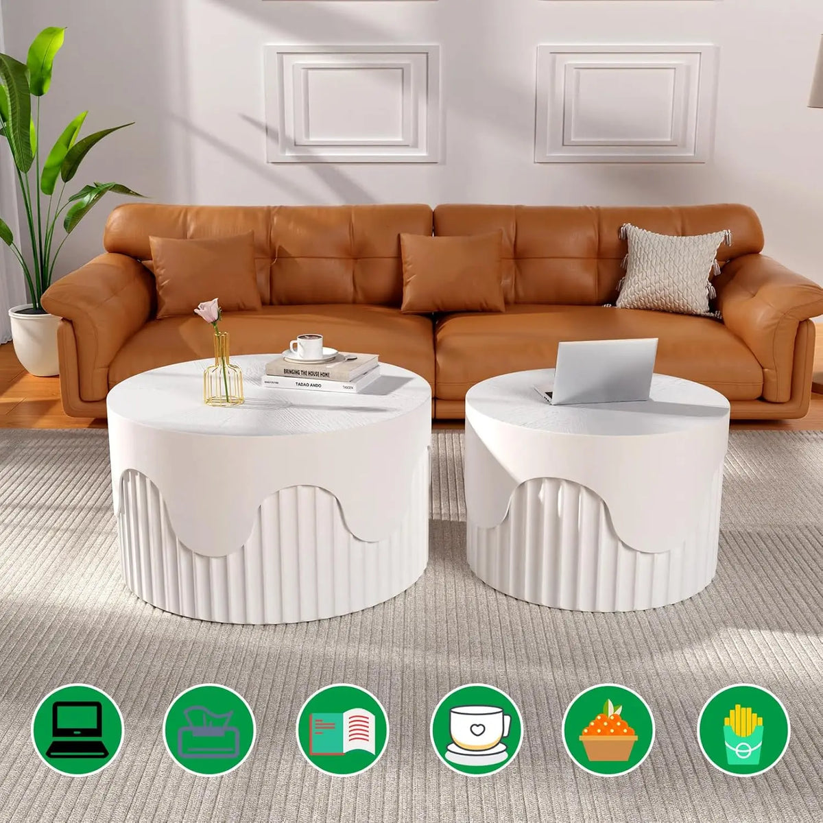 Belmont Collection | Tapered-Leg Circular Walnut Nesting Tables - captured in a curated lifestyle vignette in a Mid-Century Modern living room setting.