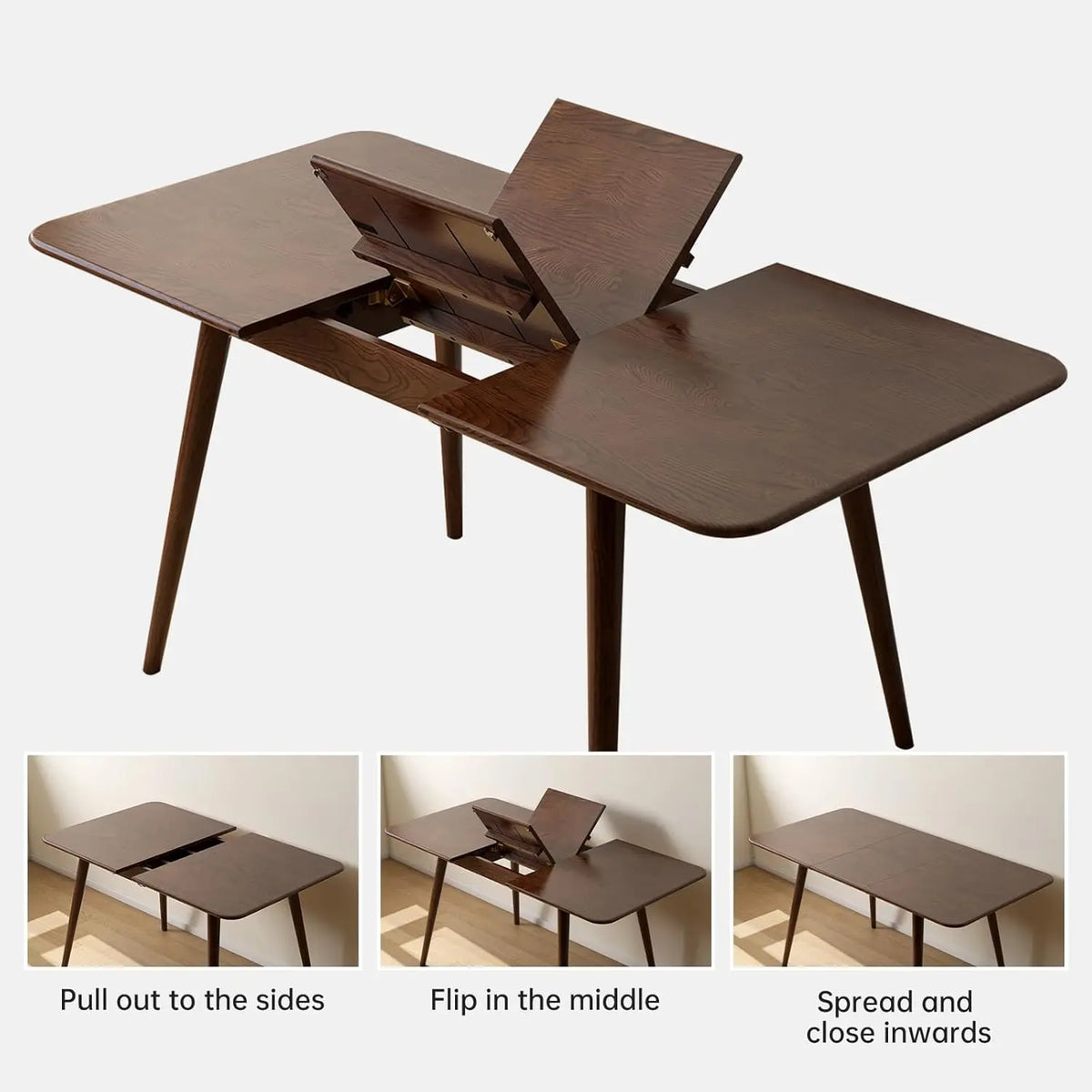 Astoria Collection | Tapered-Leg Atomic-Era Expandable Oak Dining Table - highlighting material texture and craftsmanship detail in a Mid-Century Modern dining room setting.