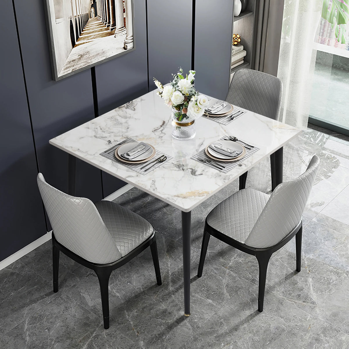 Dresden Collection | Hairpin-Legged Stone-Top Slate Dining Table - featuring close-up joinery and artisanal finish quality in a Mid-Century Modern dining room setting.