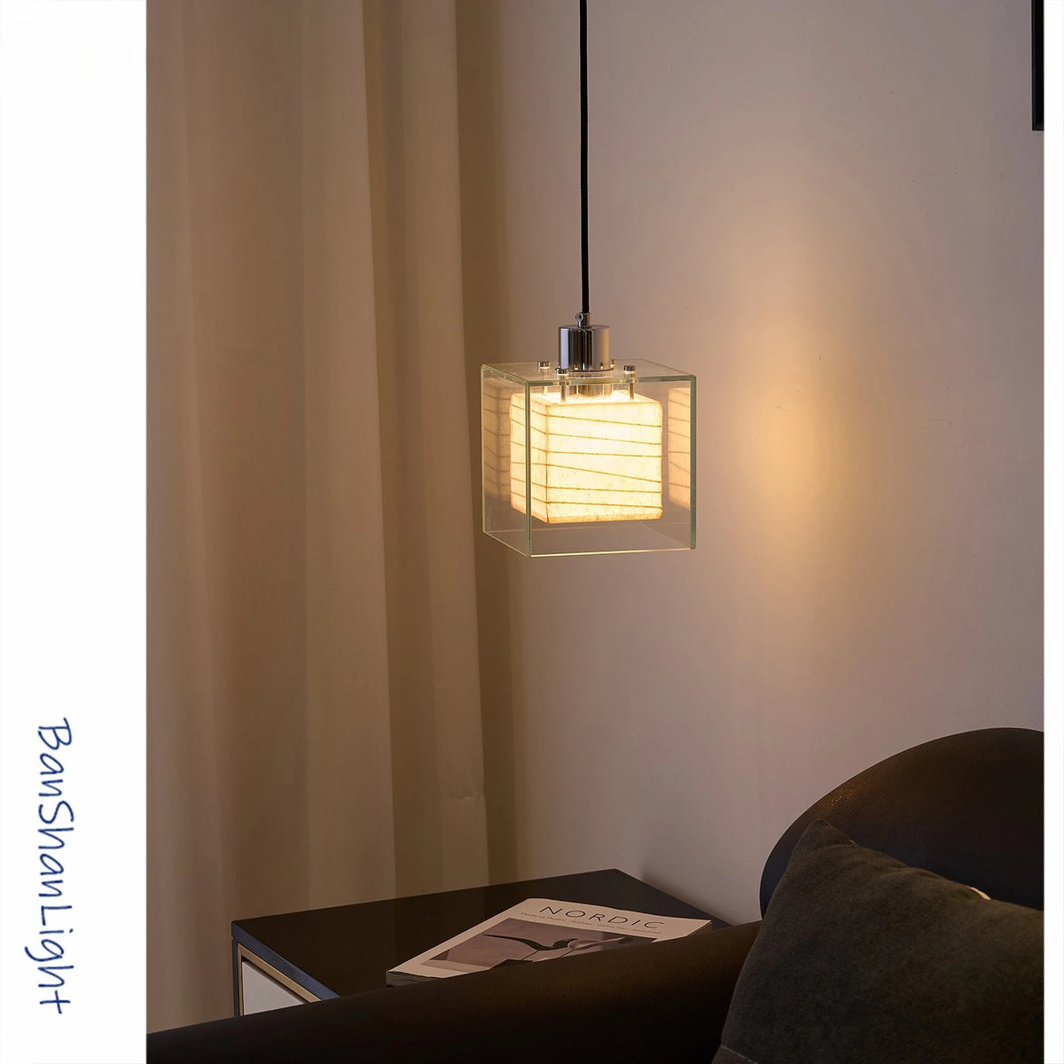 Ellington Collection | Geometric Atomic-Era Brass Pendant - highlighting material texture and craftsmanship detail in a Mid-Century Modern living room setting.
