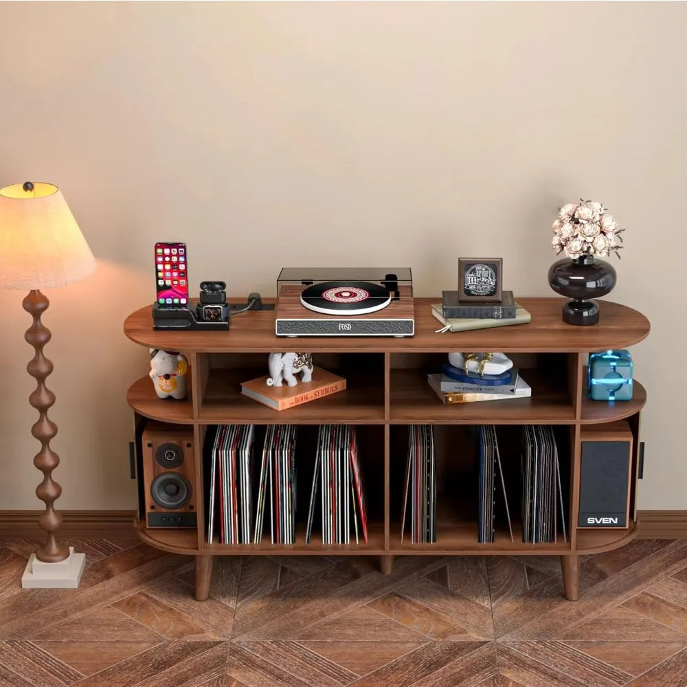 Ellington Collection | Gold-Trimmed Atomic-Era Walnut Record Console - highlighting material texture and craftsmanship detail in a Mid-Century Modern entryway setting.