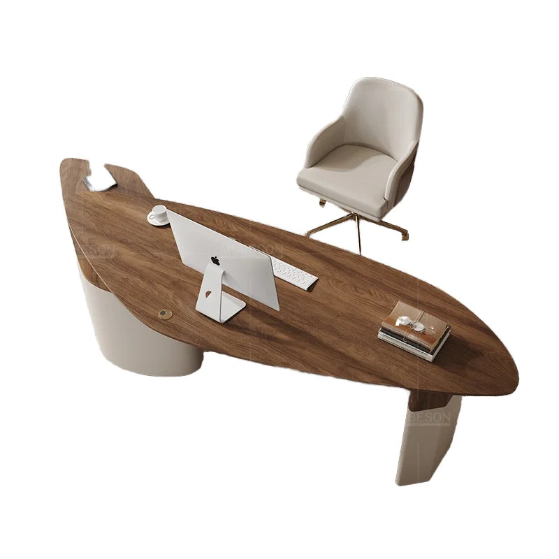 Belmont Collection | Tapered-Leg Desert-Modern Walnut Executive Desk - showcasing full sculptural form and curated finish in a Mid-Century Modern home office setting.