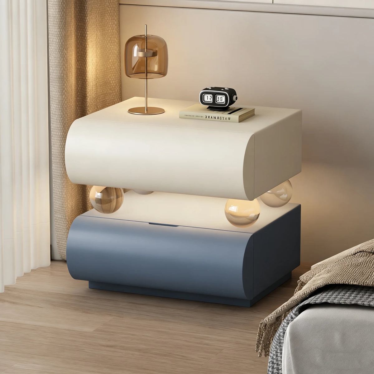 Belmont Collection | Tapered-Leg Nordic Nordic Bedside Table - detail view 16 revealing design nuance in a Mid-Century Modern bedroom setting.