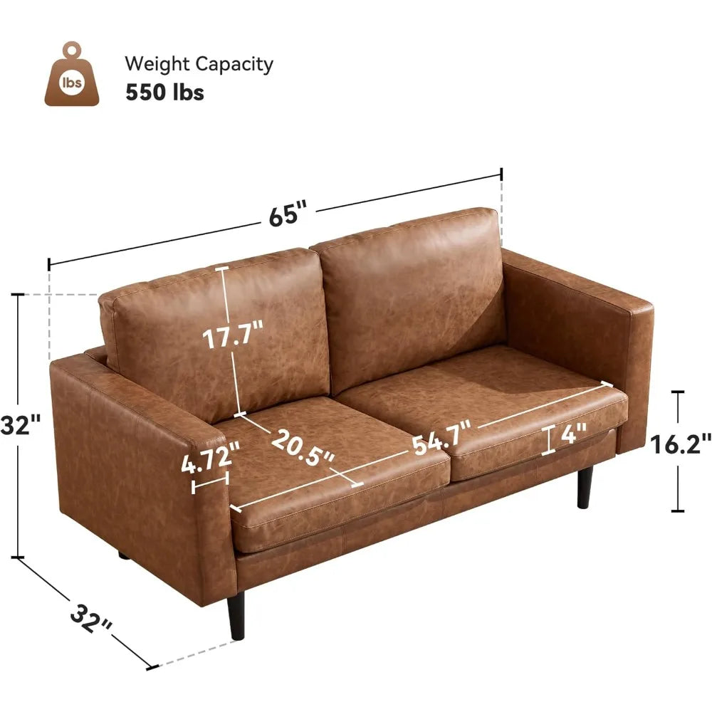 Ellington Collection | Tapered-Leg Leather-Wrapped Vegan Leather Loveseat - presented at scale within a designed interior in a Mid-Century Modern living room setting.