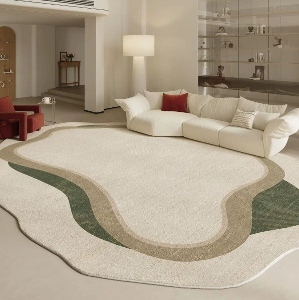 Fontaine Collection | Geometric Atomic-Era Irregular-Form Carpet - detail view 14 revealing design nuance in a Mid-Century Modern living room setting.