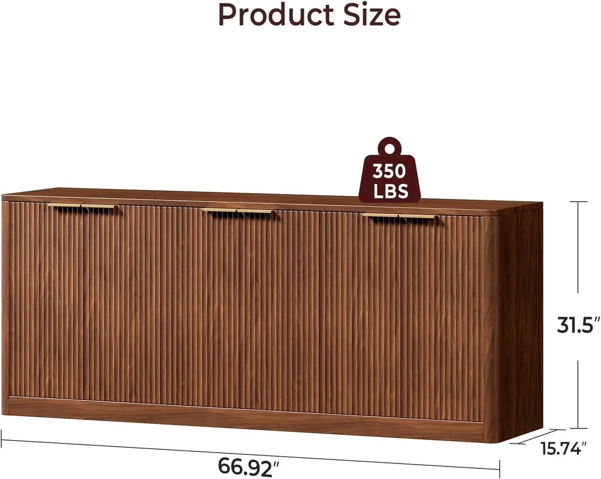 Dresden Collection | Panoramic Fluted Fluted Walnut Buffet - showcasing full sculptural form and curated finish in a Mid-Century Modern living room setting.