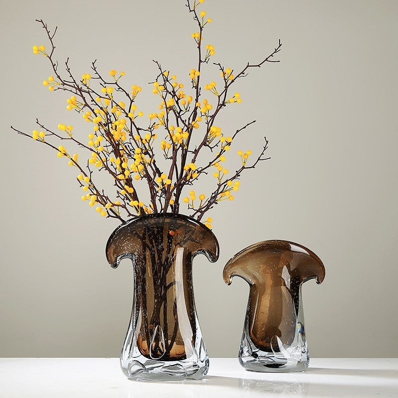 Cordova Collection | Sculptural Glass-Topped Amber Glass Hydroponic Vessel - showcasing full sculptural form and curated finish in a Mid-Century Modern living room setting.