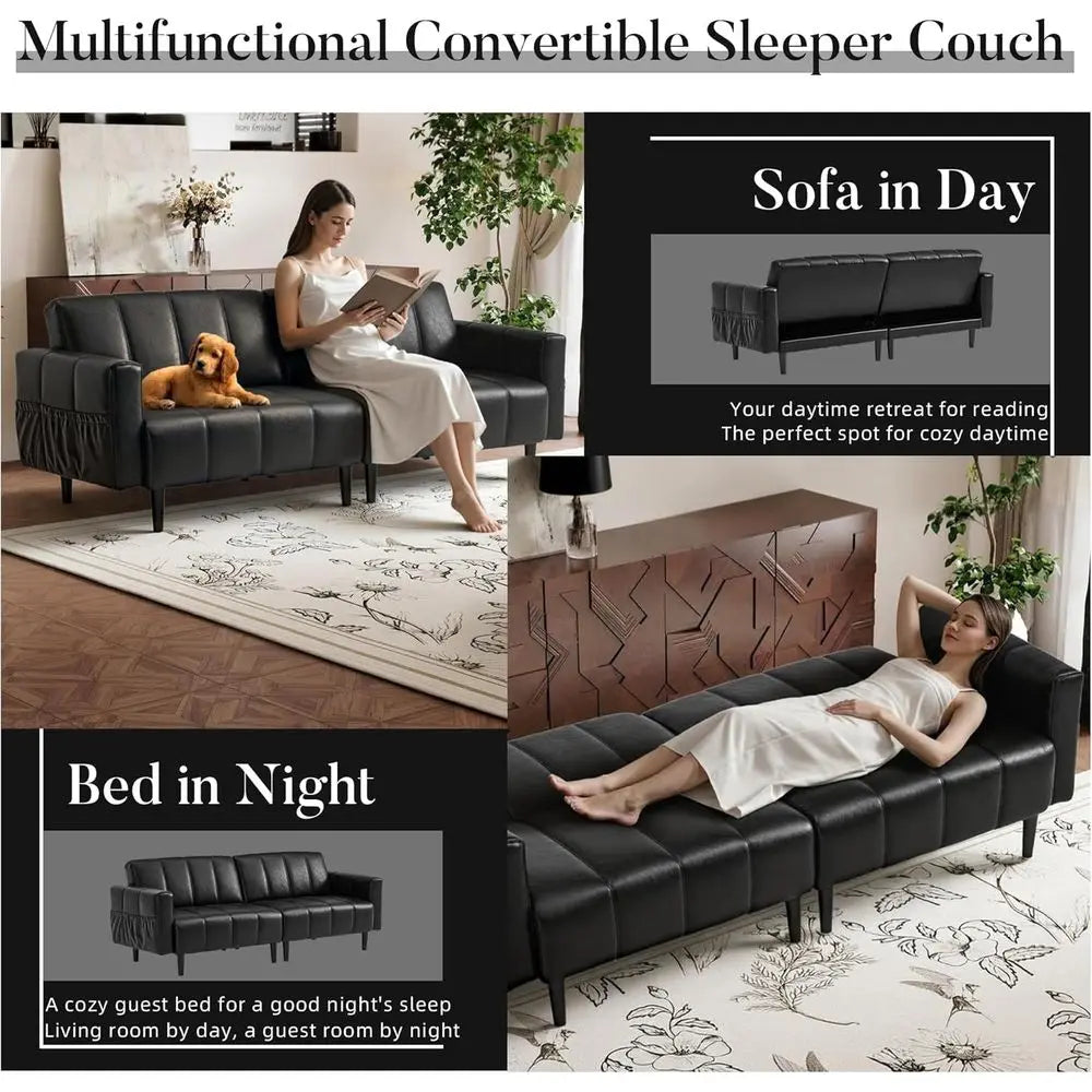 Dresden Collection | Geometric Leather-Wrapped Ebony Faux Leather Futon - featuring close-up joinery and artisanal finish quality in a Mid-Century Modern living room setting.