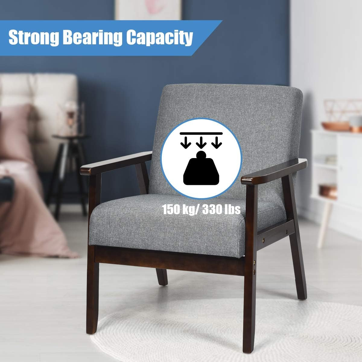 GIANTEX Mid-Century Modern Accent Chair, Retro Fabric Armchair, Solid Hardwood Made, Upholstered Linen Lounge Arm Chair for Living Room (1, Dark Grey)