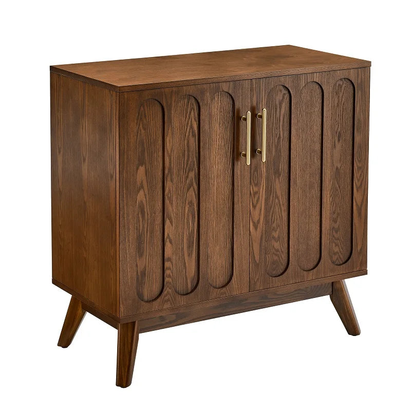 Fontaine Collection | Geometric Brass-Accented Walnut Cabinet - showcasing full sculptural form and curated finish in a Mid-Century Modern living room setting.