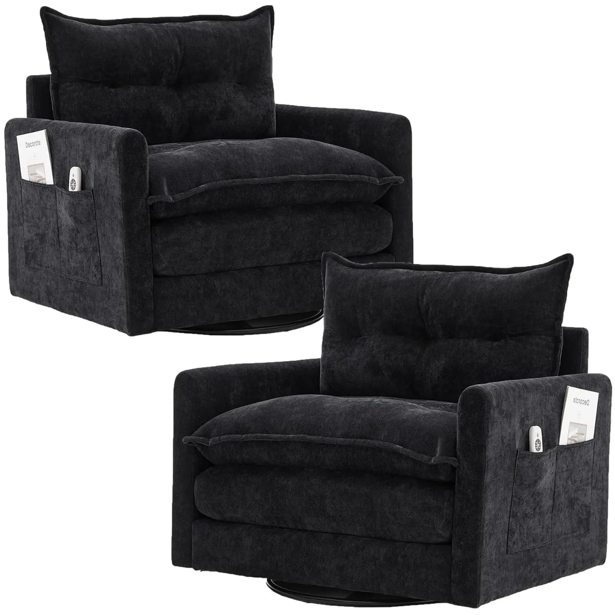 Astoria Collection | Sculptural Atomic-Era Swivel Accent Chairs - Set of Two - presented at scale within a designed interior in a Mid-Century Modern living room setting.