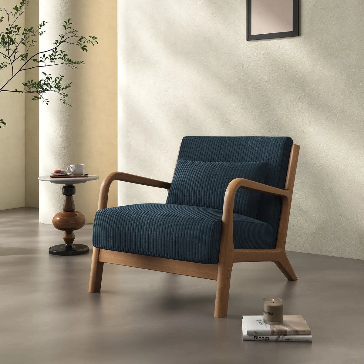 Dresden Collection | Sculptural Velvet-Cushioned Velvet Accent Chair - detail view 14 revealing design nuance in a Mid-Century Modern living room setting.