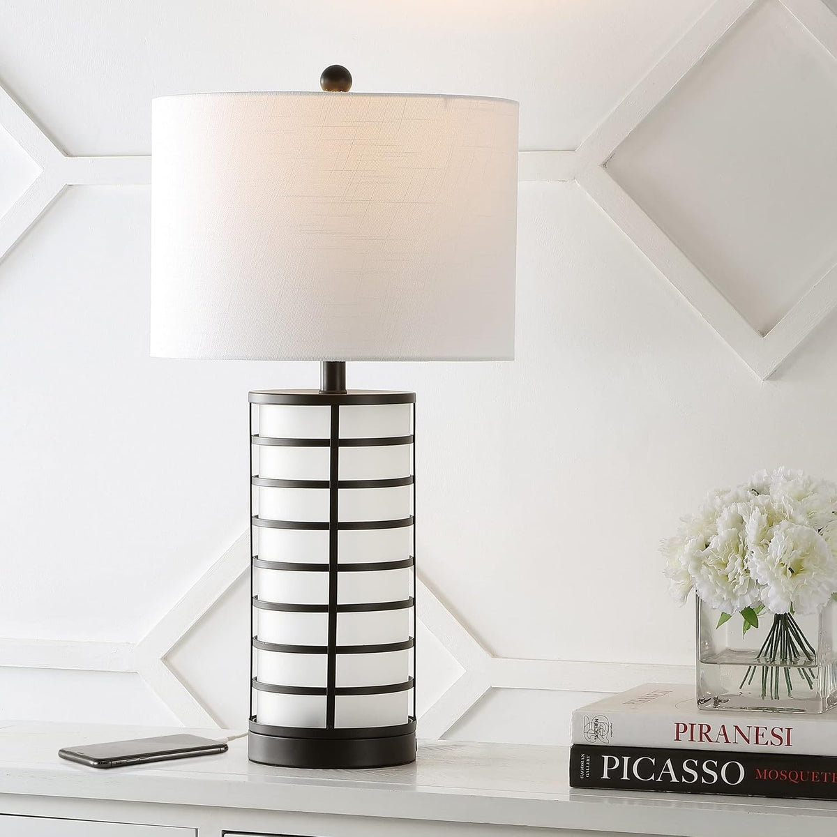 27" Black 2-Light Modern Industrial Iron Nightlight Table Lamp with USB Charging Port, White Linen Drum Shade for Bedroom Living Room, LED Bulbs Included JYL8502A