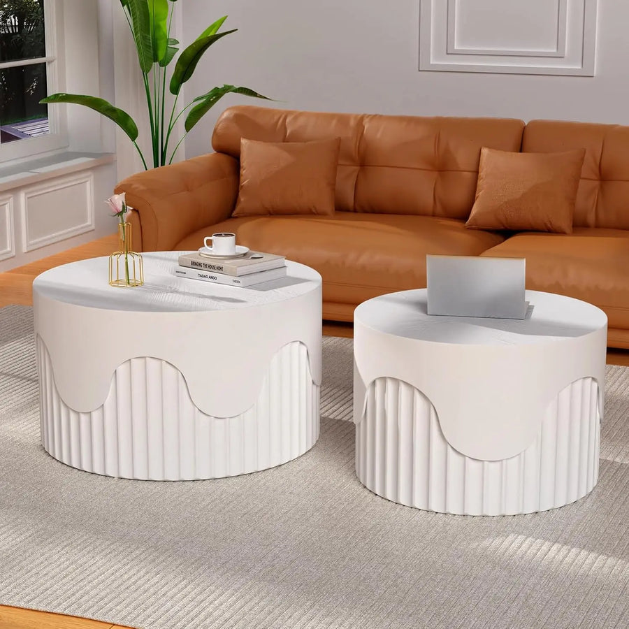 Belmont Collection | Tapered-Leg Circular Walnut Nesting Tables - showcasing full sculptural form and curated finish in a Mid-Century Modern living room setting.