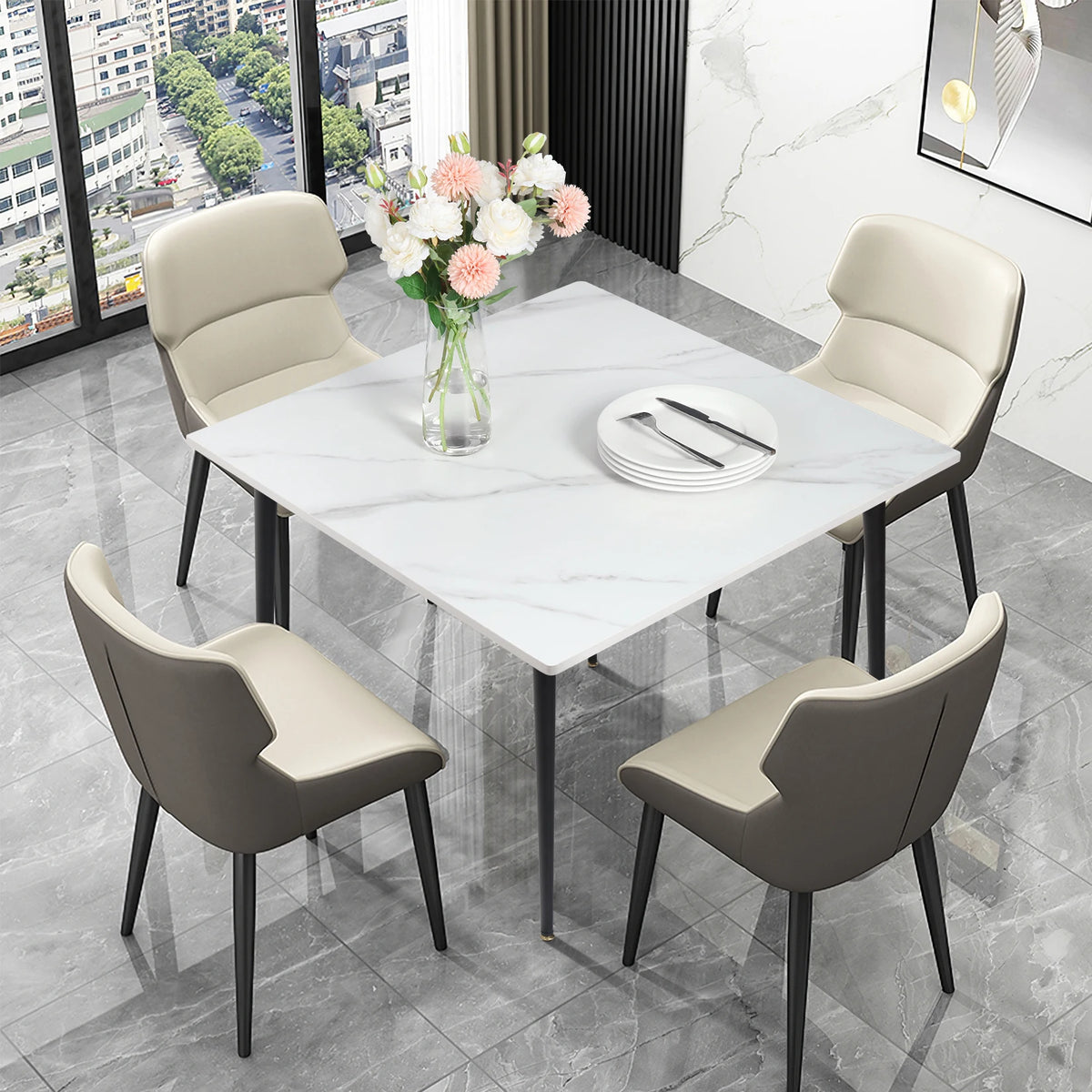 Dresden Collection | Hairpin-Legged Stone-Top Slate Dining Table - revealing tonal warmth and surface patina under ambient light in a Mid-Century Modern dining room setting.