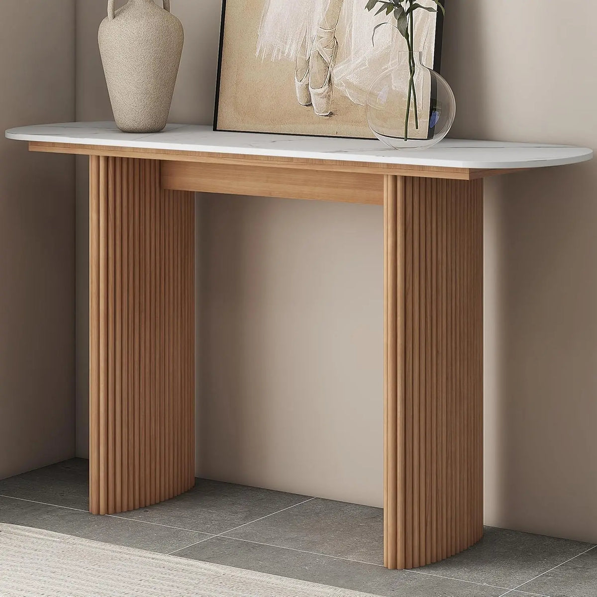 Astoria Collection | Tapered-Leg Atomic-Era Walnut Console - showcasing form and function in daily use context in a Mid-Century Modern entryway setting.