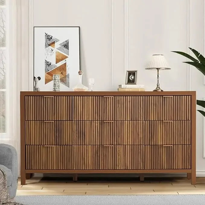 Belmont Collection | Tapered-Leg Brass-Accented Walnut & Brass Dresser - showcasing full sculptural form and curated finish in a Mid-Century Modern bedroom setting.
