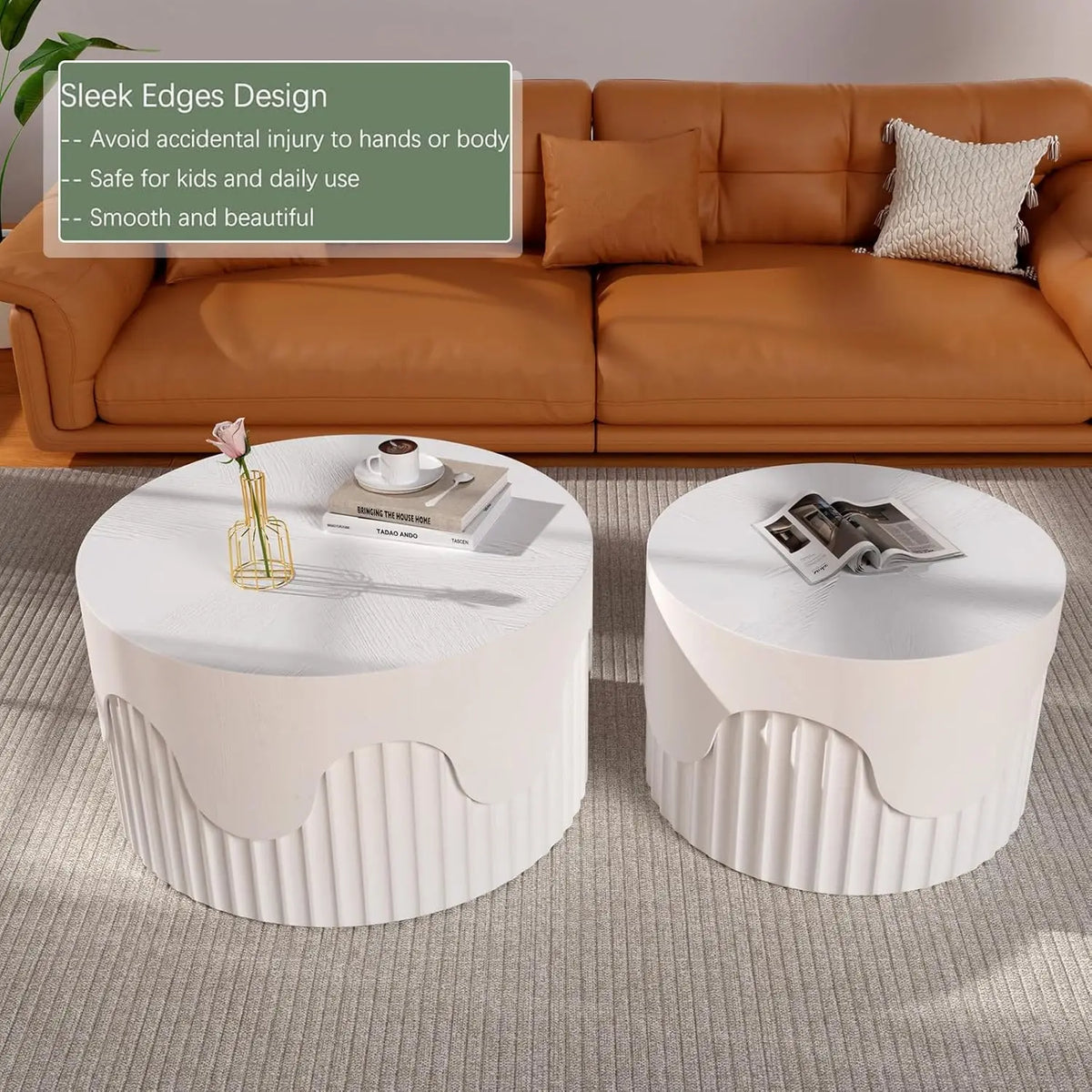 Belmont Collection | Tapered-Leg Circular Walnut Nesting Tables - highlighting material texture and craftsmanship detail in a Mid-Century Modern living room setting.