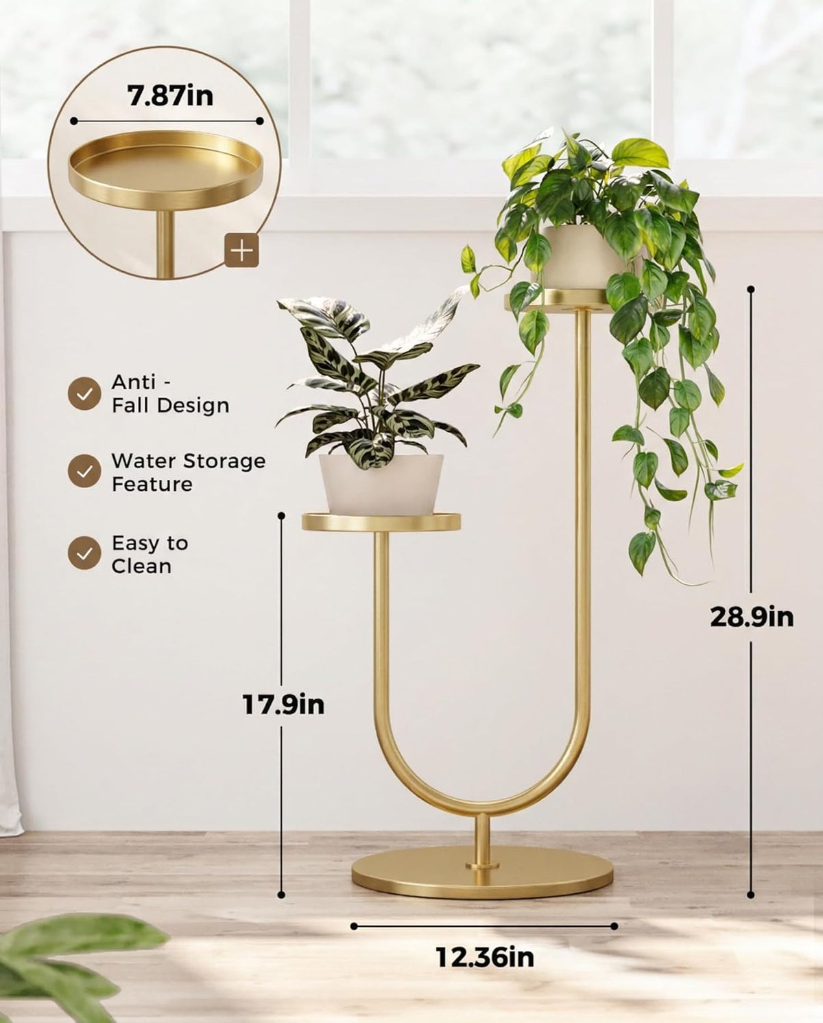 Indoor Corner Plant Stands 2 Tier Plant Shelf for Tall Plant Holder Black Plant Shelves for Living Room Bedroom Midcentury Modern Home Decor(Gold)