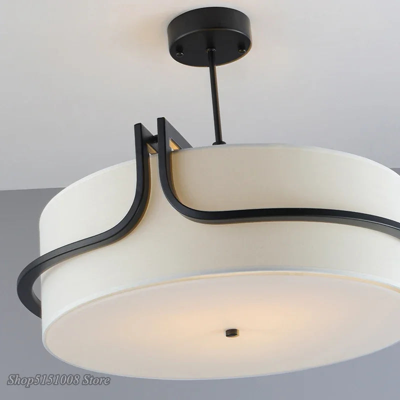 Dresden Collection | Geometric Round Fabric Chandelier - highlighting material texture and craftsmanship detail in a Mid-Century Modern living room setting.