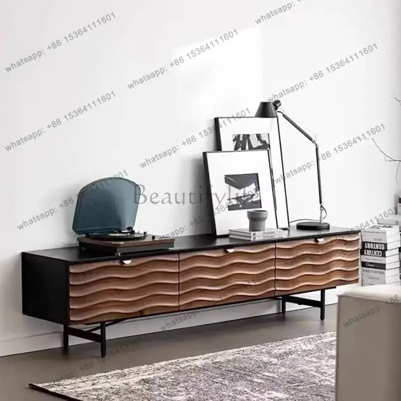 Ellington Collection | Atomic-Era Cabinet Walnut Media Console - styled from an alternate angle revealing dimensional depth in a Mid-Century Modern entryway setting.