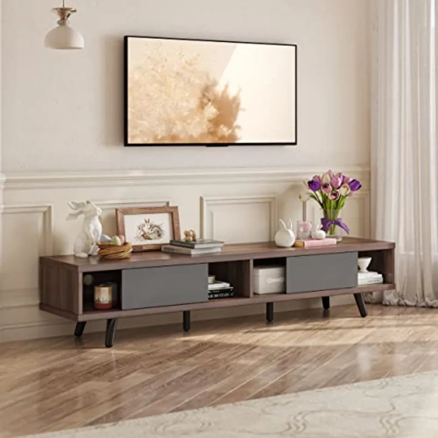 Ellington Collection | Grand Walnut Media Console - highlighting material texture and craftsmanship detail in a Mid-Century Modern entryway setting.