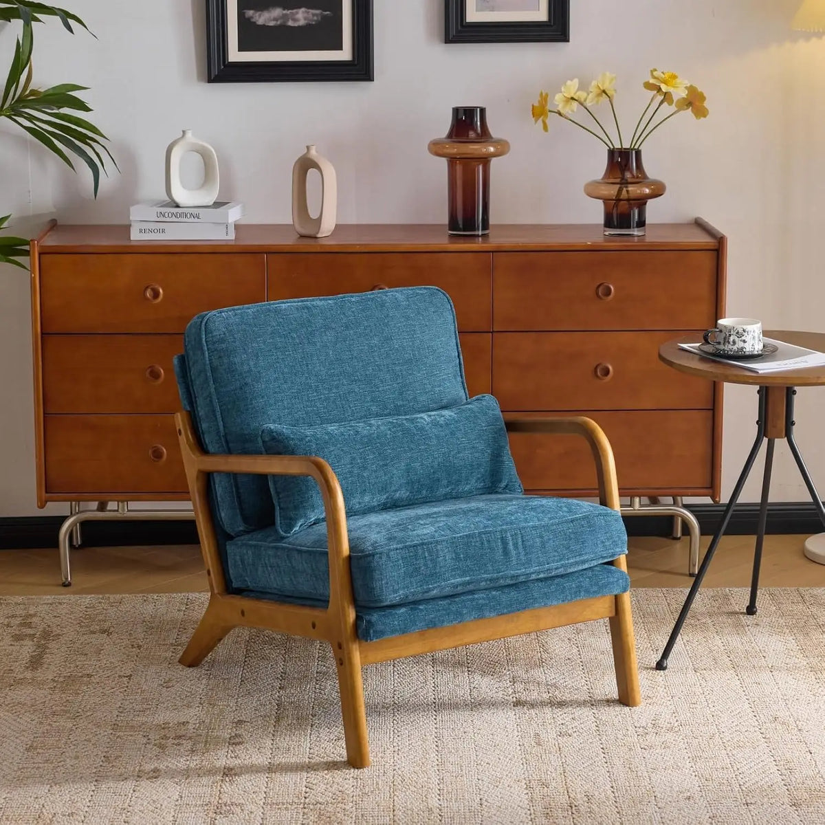 Valencia Collection | Sculptural Desert-Modern Chenille Accent Chair - showcasing form and function in daily use context in a Mid-Century Modern living room setting.