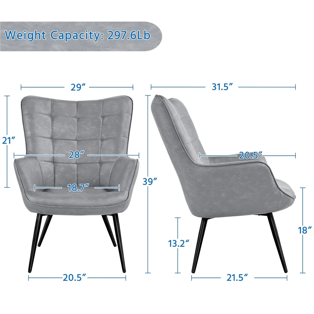 Mid-Century Modern Faux Leather Wingback Accent Chair, Set of 2, Gray
