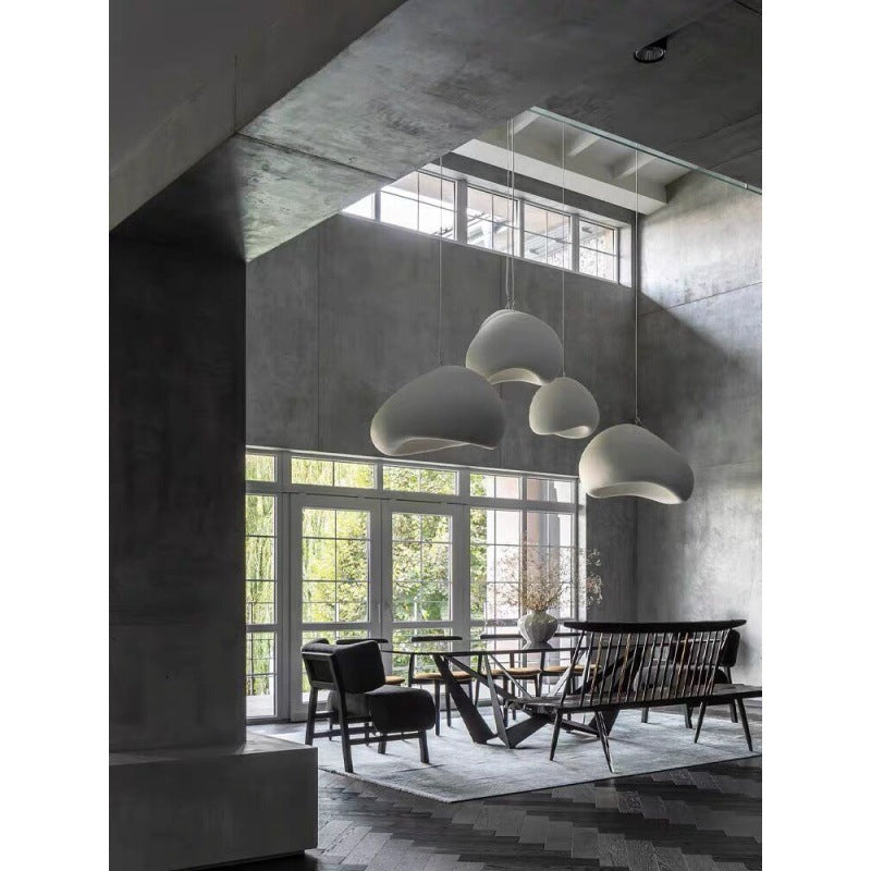 Hiroshi Collection | Sculptural Steel-Framed Bamboo & Steel Pendant - featuring close-up joinery and artisanal finish quality in a Mid-Century Modern living room setting.