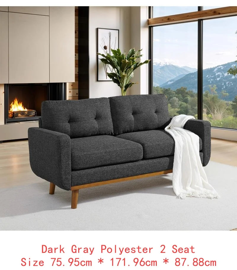 Ellington Collection | Streamlined Velvet-Cushioned Velvet Tufted Loveseat - framed in an editorial still-life composition in a Mid-Century Modern living room setting.