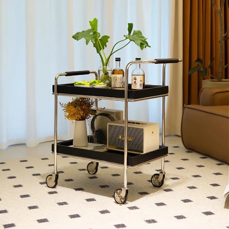 Belmont Collection | Geometric Atomic-Era Solid Walnut Rolling Tea Cart - showcasing full sculptural form and curated finish in a Mid-Century Modern living room setting.