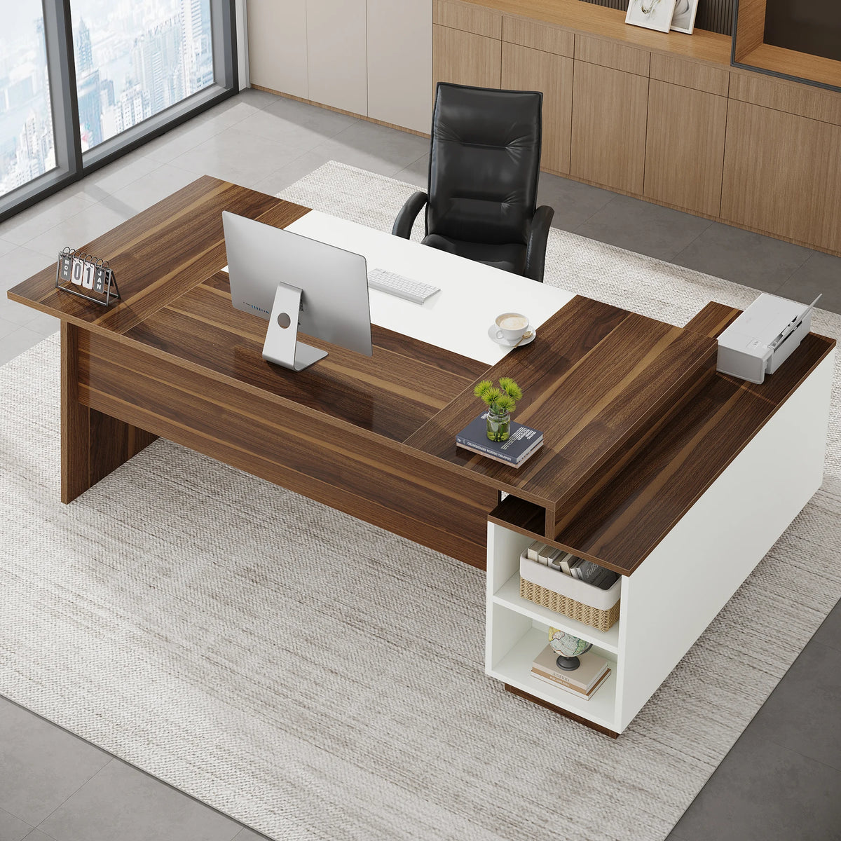 Dresden Collection | Petite Floating Walnut Executive Desk - revealing tonal warmth and surface patina under ambient light in a Mid-Century Modern home office setting.