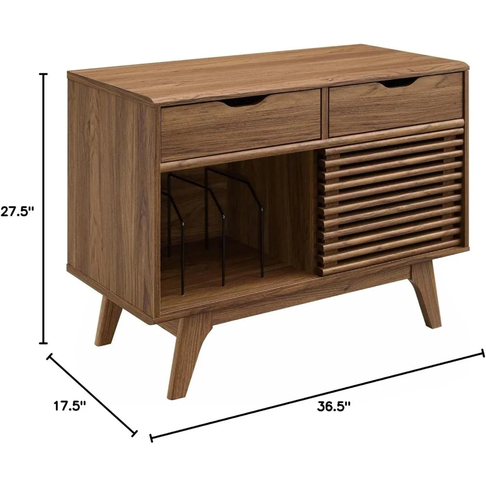 Dresden Collection | Compact Tapered-Leg Walnut Record Console - revealing tonal warmth and surface patina under ambient light in a Mid-Century Modern entryway setting.