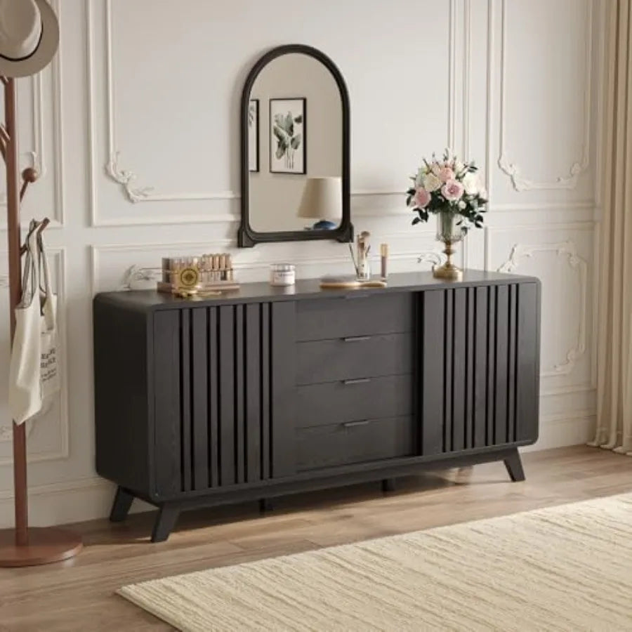 Cordoba Collection | Fluted Brass-Accented Walnut Sideboard - presented at scale within a designed interior in a Mid-Century Modern living room setting.