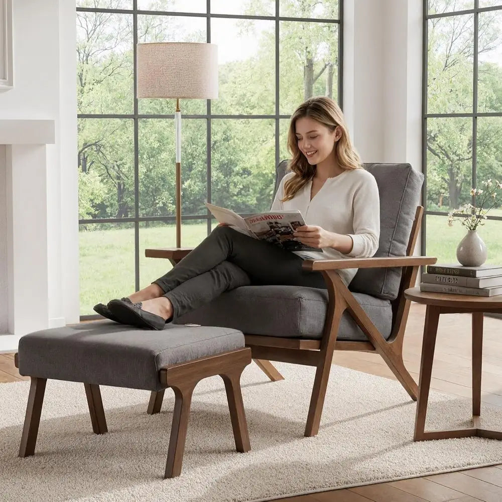Ellington Collection | Tapered-Leg Gold-Trimmed Walnut & Leather Set - presented at scale within a designed interior in a Mid-Century Modern living room setting.