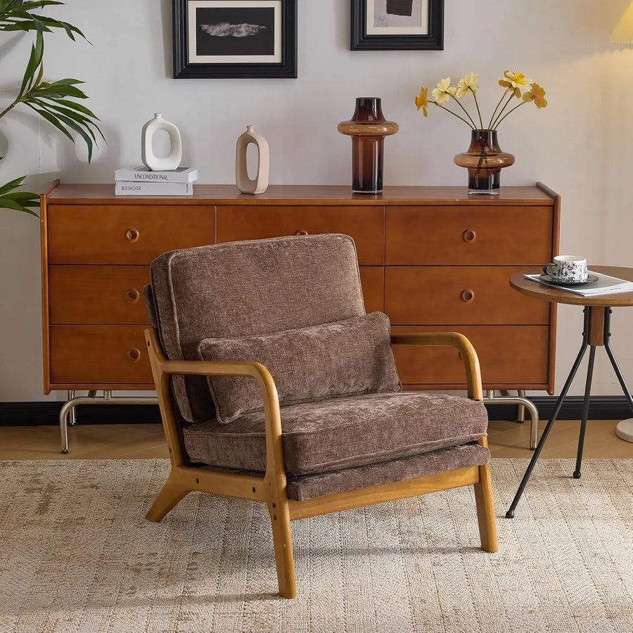 Valencia Collection | Sculptural Desert-Modern Chenille Accent Chair - showcasing full sculptural form and curated finish in a Mid-Century Modern living room setting.
