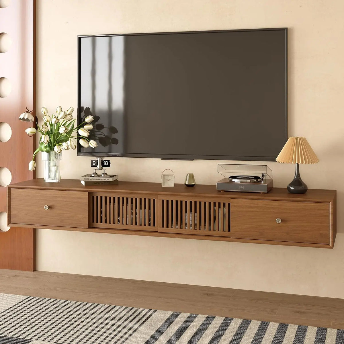 Ellington Collection | Slatted Nordic Floating Walnut Console - featuring close-up joinery and artisanal finish quality in a Mid-Century Modern entryway setting.