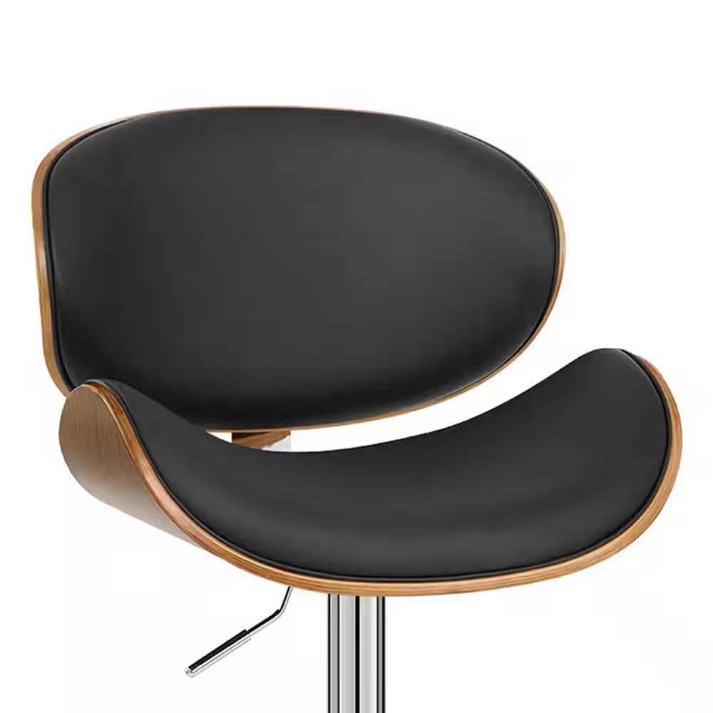Naples Bar Stool in Chrome with Black Pu Upholstery and Walnut Veneer Back