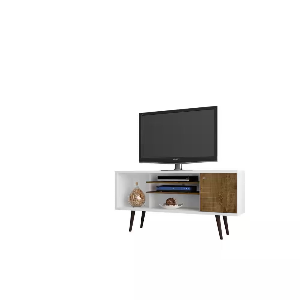 Liberty 53.14 In. White and Rustic Brown TV Stand Fits Tvs up to 50 In. with Storage Doors, Shelves and Cable Management