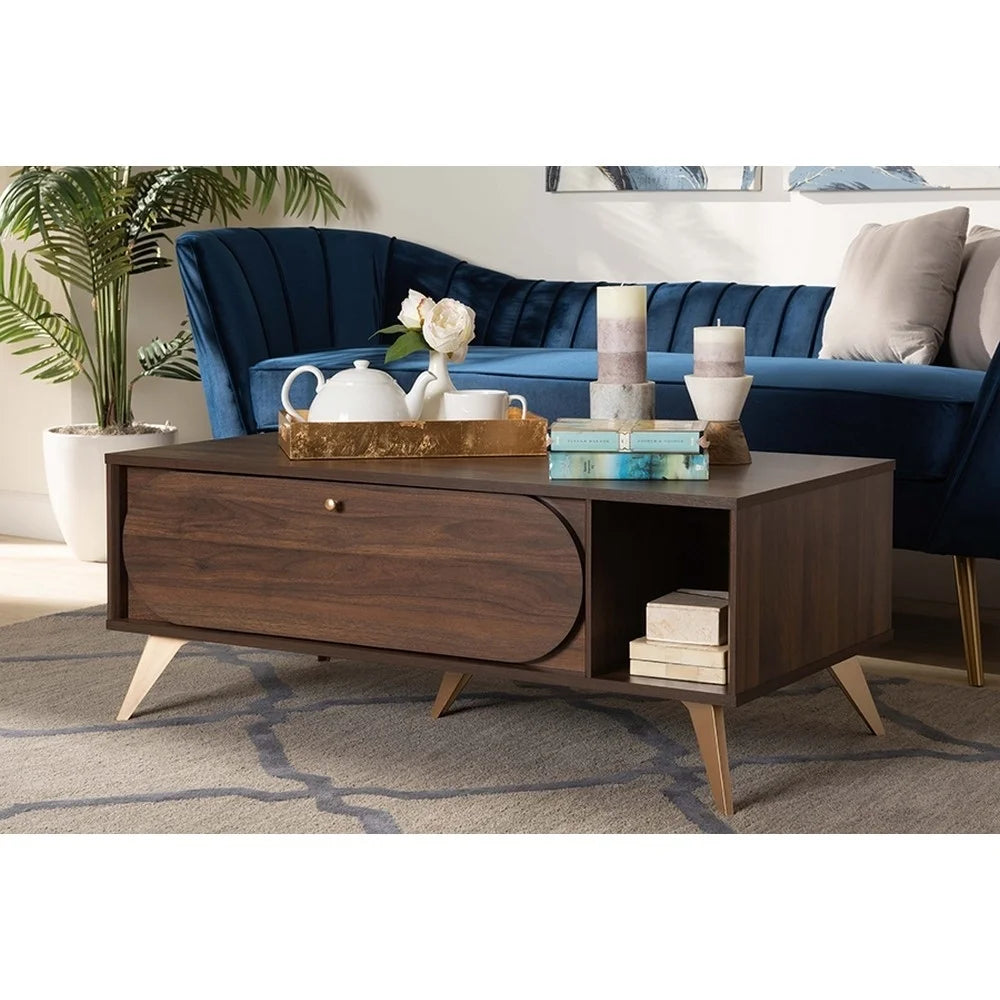 Edel Mid-Century Modern Walnut Brown and Gold Finished Wood Coffee Table
