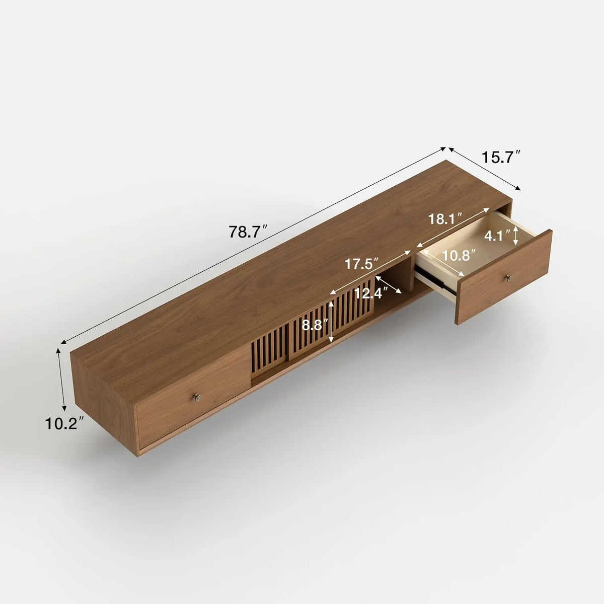 Ellington Collection | Slatted Nordic Floating Walnut Console - highlighting material texture and craftsmanship detail in a Mid-Century Modern entryway setting.