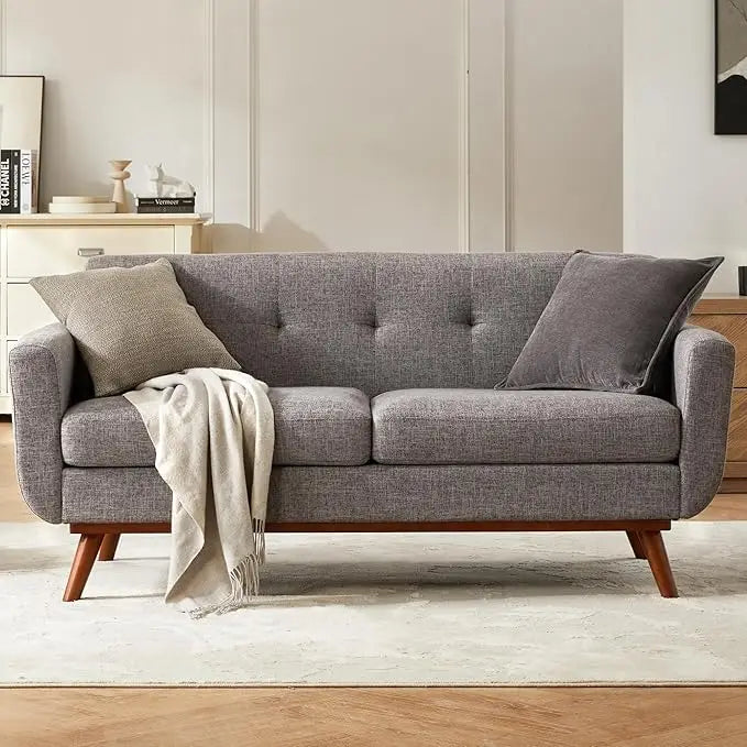 Fontaine Collection | Tapered-Leg Curved Walnut & Bouclé Loveseat - showcasing form and function in daily use context in a Mid-Century Modern living room setting.