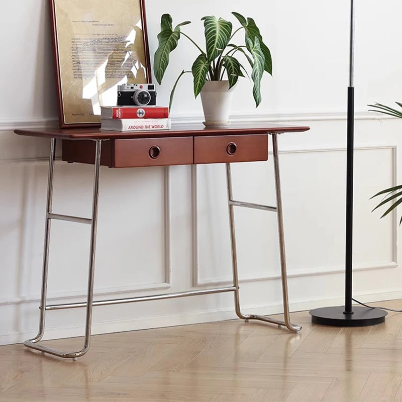 Dresden Collection | Hairpin-Legged Gold-Trimmed Walnut Console - styled from an alternate angle revealing dimensional depth in a Mid-Century Modern entryway setting.
