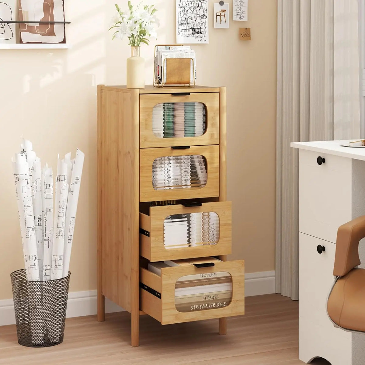 Astoria Collection | Fluted Atomic-Era Fluted Walnut Storage Chest - styled from an alternate angle revealing dimensional depth in a Mid-Century Modern living room setting.